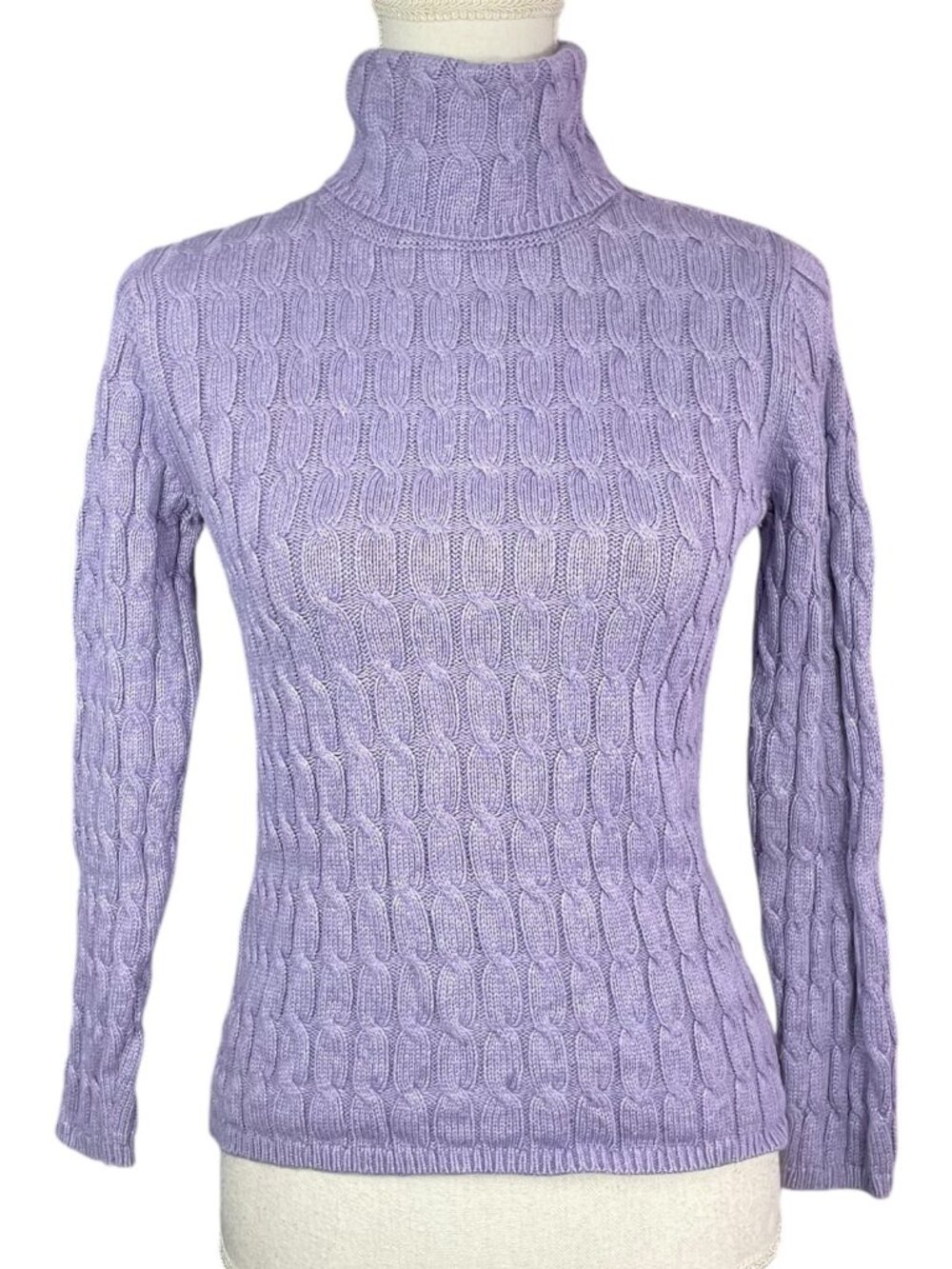 Cashmere Cable Knit Turtleneck Sweater Petite S SP PS Lavender Marled Silk Blend
